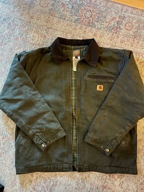 Carhartt Olive Green Canvas Jacket with Brown Corduroy Trim